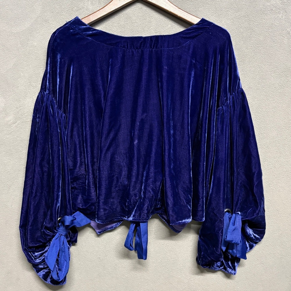 FREE PEOPLE Blue Velvet Off Shoulder Tie Front Crop Top S Festival Boho NWT